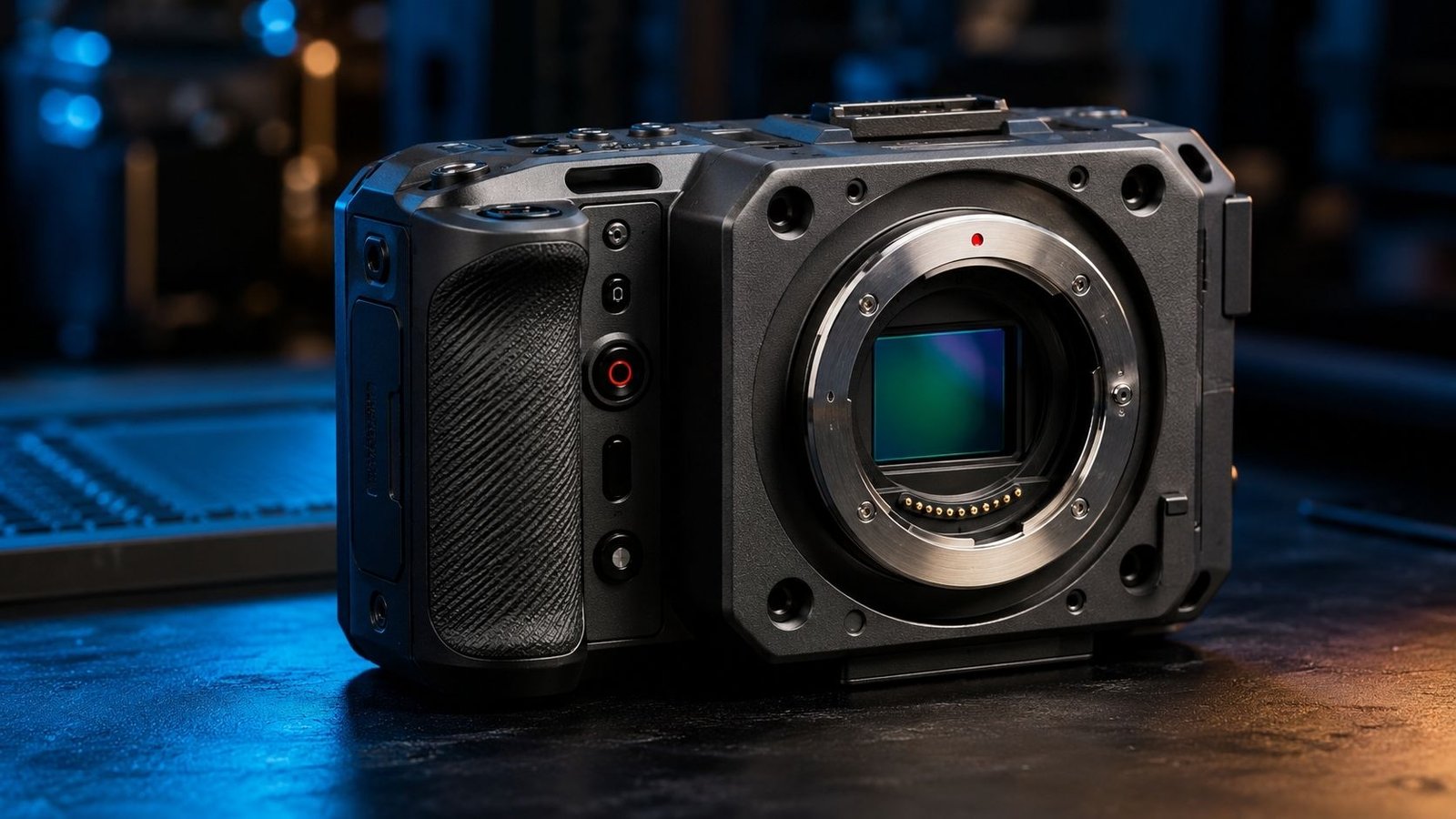 close up macro shot of a sleek, high end professional cinema camera body resting on a matte dark industrial workbench