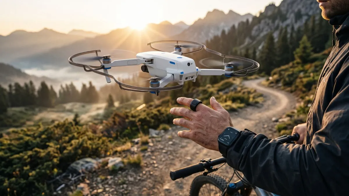 Texto alternativo (ALT): Dron Antigravity A1 Follow Me volando sobre una ruta de montaña, controlado mediante un reloj y un anillo gestual, con grabación 360° en 8K.